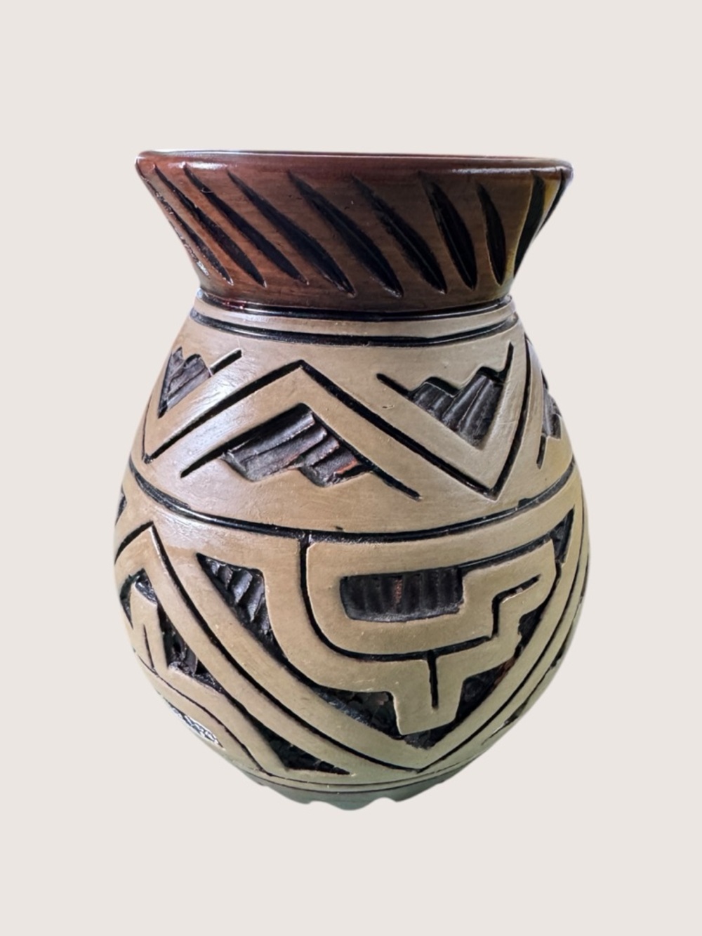 Hand Carved Mexican Redware Pottery Vase Tribal Marajoara Style Boho Decor - Picture 2 of 11
